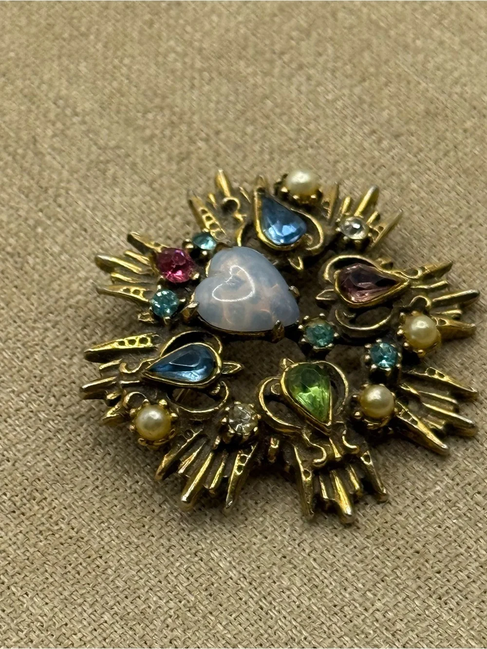 Vintage faux opal Multicolor Heart Brooch
